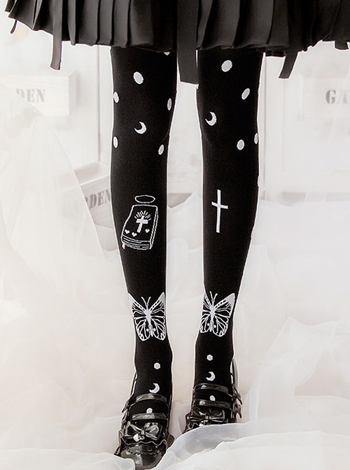 Death Prayer Series Black Butterfly Cross Print Knit Halloween Long Socks Classic Lolita Socks