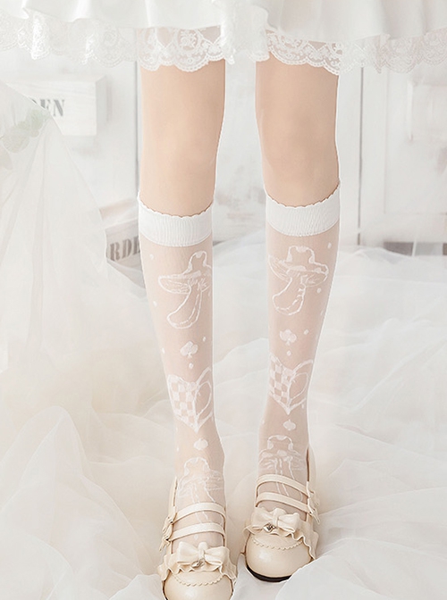 White Mushroom Print Thin Mid-Tube Socks Classic Lolita Socks