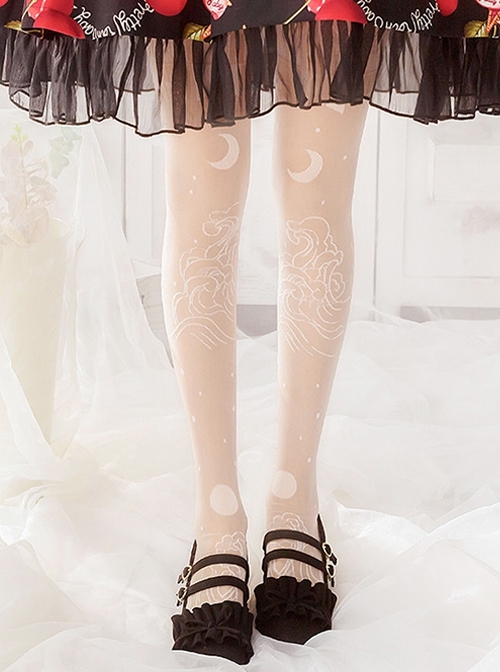 White Summer Thin Moon Wave Print Long Socks Classic Lolita Socks