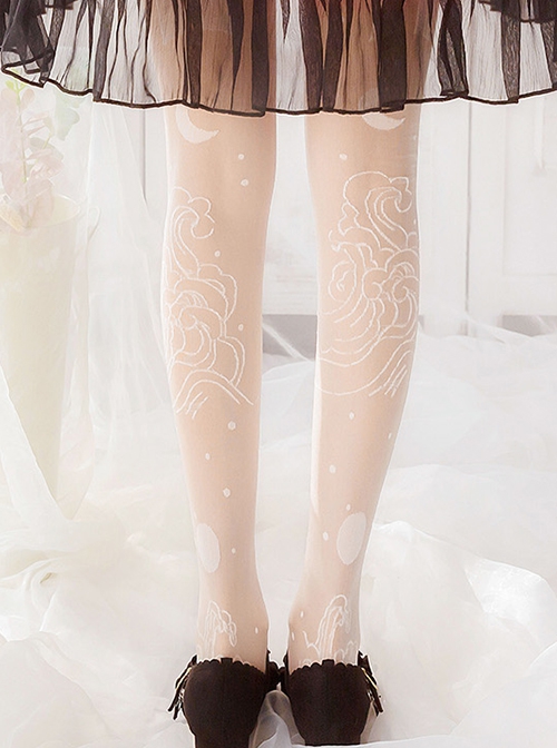 White Summer Thin Moon Wave Print Long Socks Classic Lolita Socks