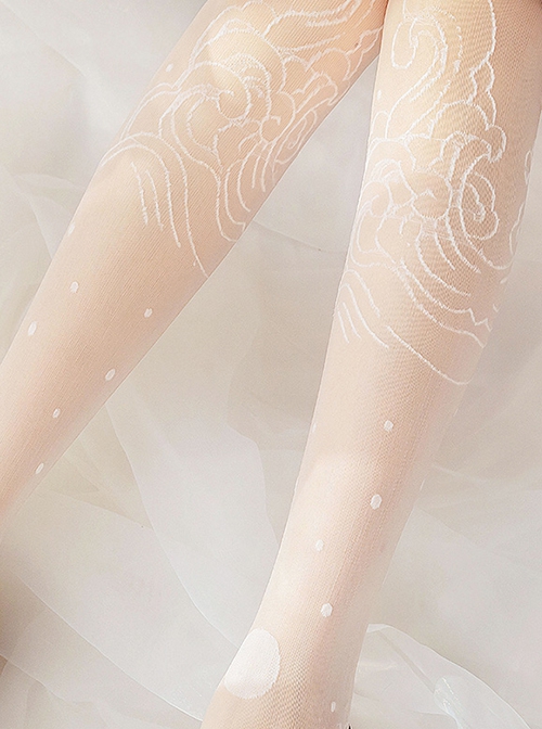 White Summer Thin Moon Wave Print Long Socks Classic Lolita Socks