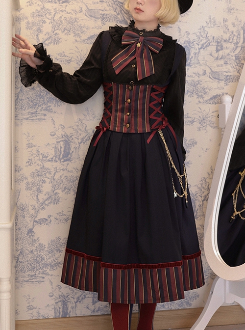 British School Style Autumn Winter Retro Color Contrast Stripes Daily All-Match School Lolita Vest Skirt Suit