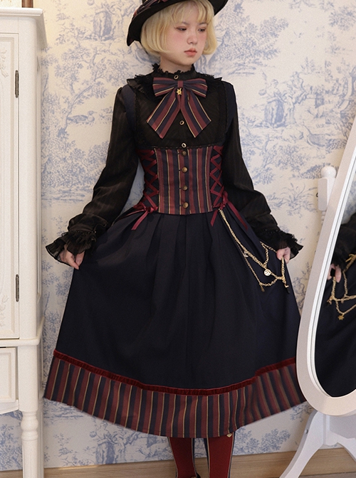 British School Style Autumn Winter Retro Color Contrast Stripes Daily All-Match School Lolita Vest Skirt Suit