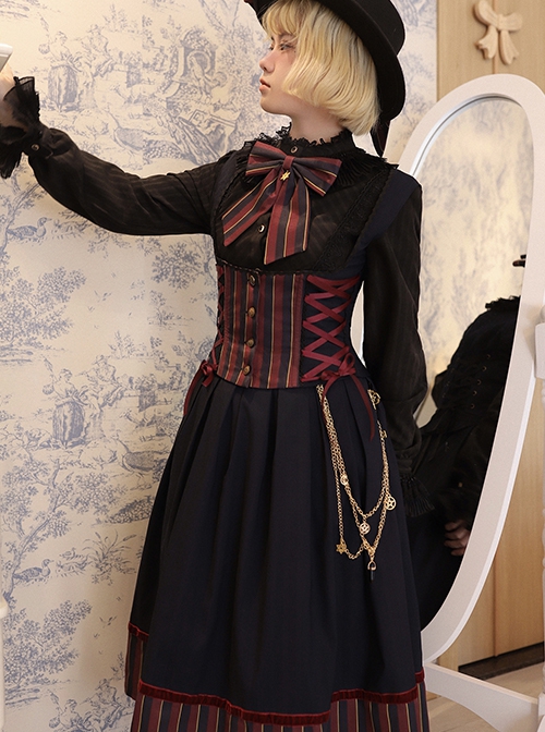 British School Style Autumn Winter Retro Color Contrast Stripes Daily All-Match School Lolita Vest Skirt Suit