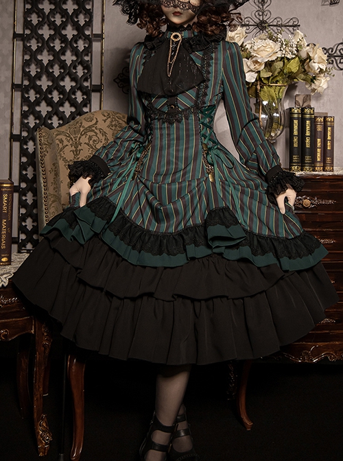 Gothic Style Elegant Retro Stand Collar Stripe Contrasting Color Slim Fit Gothic Lolita Long Sleeve Dress