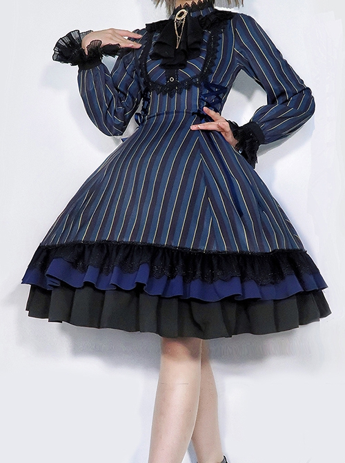 Gothic Style Elegant Retro Stand Collar Stripe Contrasting Color Slim Fit Gothic Lolita Long Sleeve Dress