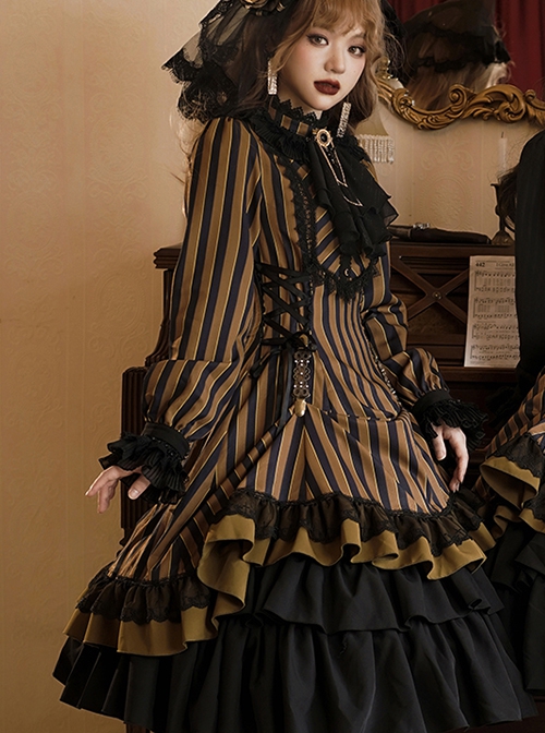 Gothic Style Elegant Retro Stand Collar Stripe Contrasting Color Slim Fit Gothic Lolita Long Sleeve Dress