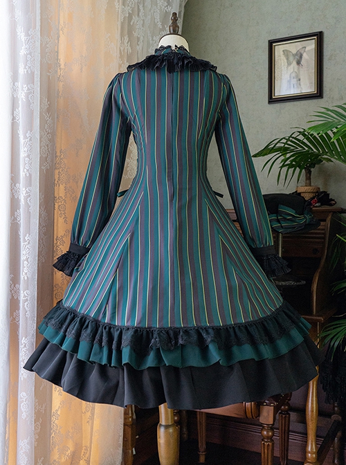 Gothic Style Elegant Retro Stand Collar Stripe Contrasting Color Slim Fit Gothic Lolita Long Sleeve Dress