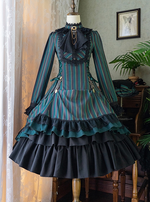 Gothic Style Elegant Retro Stand Collar Stripe Contrasting Color Slim Fit Gothic Lolita Long Sleeve Dress