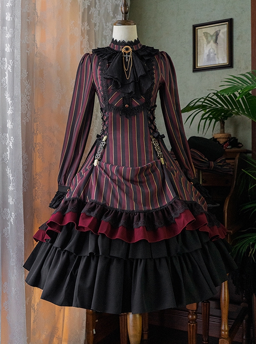 Gothic Style Elegant Retro Stand Collar Stripe Contrasting Color Slim Fit Gothic Lolita Long Sleeve Dress