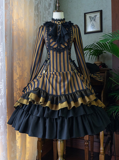 Gothic Style Elegant Retro Stand Collar Stripe Contrasting Color Slim Fit Gothic Lolita Long Sleeve Dress