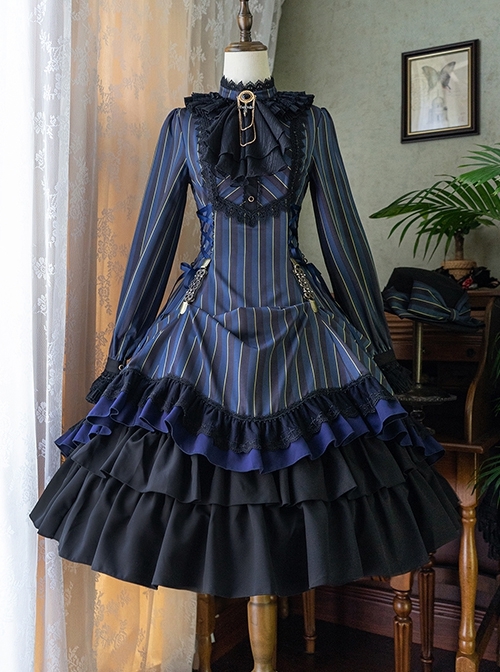 Gothic Style Elegant Retro Stand Collar Stripe Contrasting Color Slim Fit Gothic Lolita Long Sleeve Dress