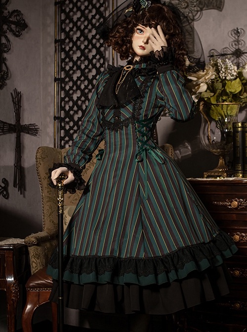 Gothic Style Elegant Retro Stand Collar Stripe Contrasting Color Slim Fit Gothic Lolita Long Sleeve Dress