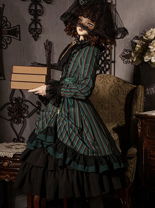 Gothic Style Elegant Retro Stand Collar Stripe Contrasting Color Slim Fit Gothic Lolita Long Sleeve Dress