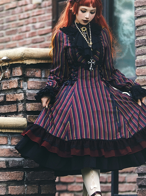 Gothic Style Elegant Retro Stand Collar Stripe Contrasting Color Slim Fit Gothic Lolita Long Sleeve Dress