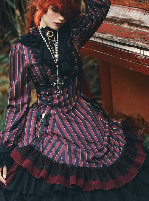 Gothic Style Elegant Retro Stand Collar Stripe Contrasting Color Slim Fit Gothic Lolita Long Sleeve Dress