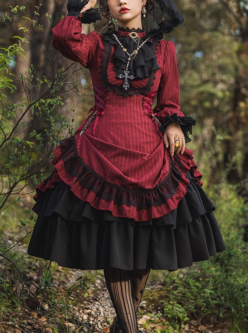 Gothic Style Pure Color Retro Elegant Stand Collar Striped Gothic Lolita Slim Fit Long Sleeve Dress