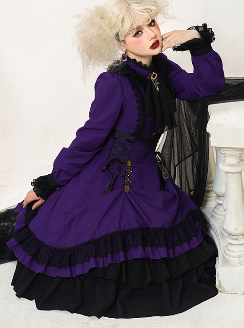 Gothic Style Pure Color Retro Elegant Stand Collar Striped Gothic Lolita Slim Fit Long Sleeve Dress