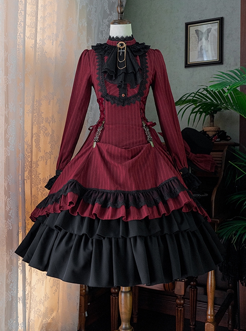 Gothic Style Pure Color Retro Elegant Stand Collar Striped Gothic Lolita Slim Fit Long Sleeve Dress