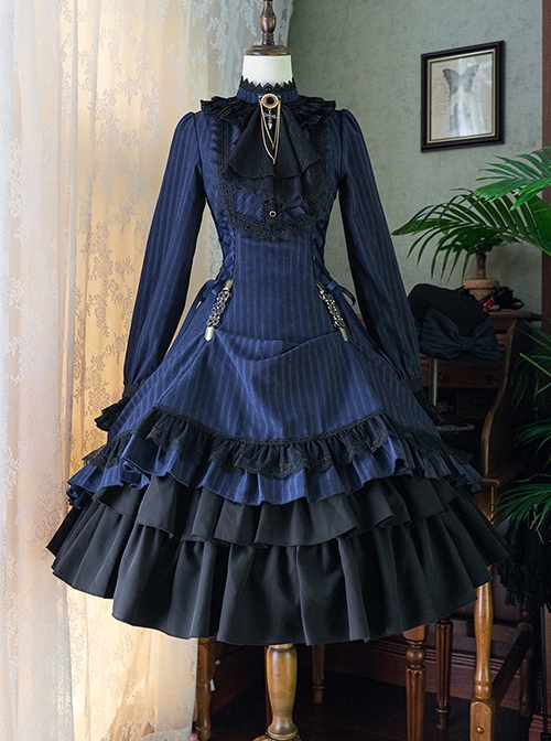 Gothic Style Pure Color Retro Elegant Stand Collar Striped Gothic Lolita Slim Fit Long Sleeve Dress