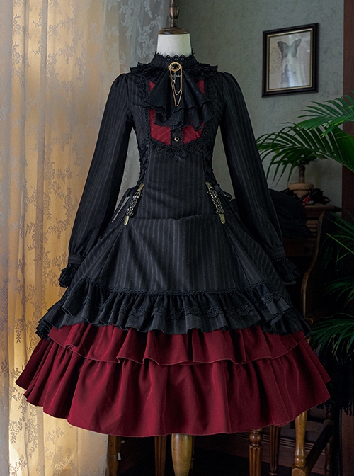 Gothic Style Pure Color Retro Elegant Stand Collar Striped Gothic Lolita Slim Fit Long Sleeve Dress