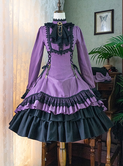 Gothic Style Pure Color Retro Elegant Stand Collar Striped Gothic Lolita Slim Fit Long Sleeve Dress