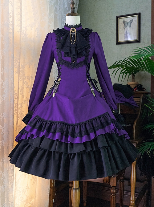 Gothic Style Pure Color Retro Elegant Stand Collar Striped Gothic Lolita Slim Fit Long Sleeve Dress