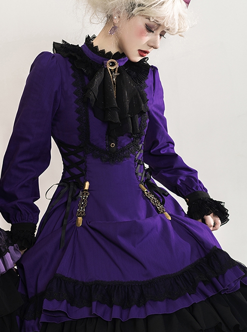 Gothic Style Pure Color Retro Elegant Stand Collar Striped Gothic Lolita Slim Fit Long Sleeve Dress