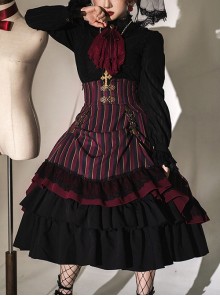 Simple Daily Retro Striped Color Contrast Elegant High Waist Gothic Lolita Skirt