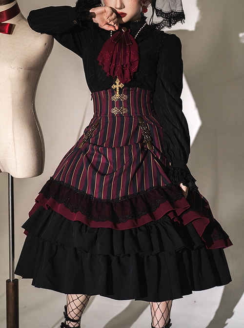 Simple Daily Retro Striped Color Contrast Elegant High Waist Gothic Lolita Skirt