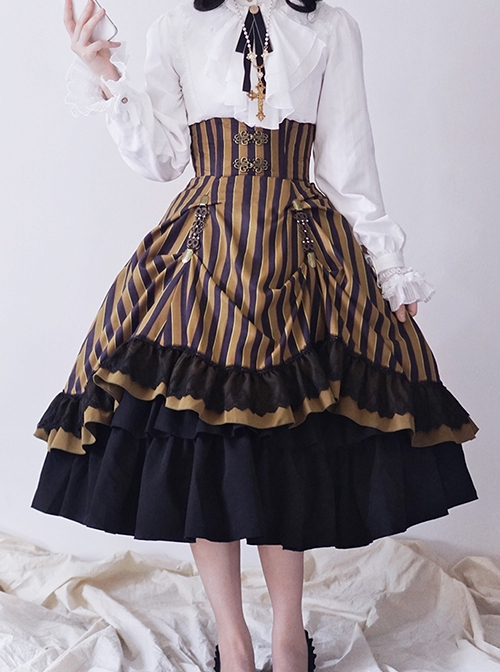 Simple Daily Retro Striped Color Contrast Elegant High Waist Gothic Lolita Skirt