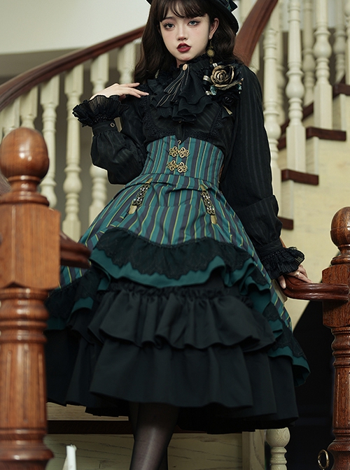 Simple Daily Retro Striped Color Contrast Elegant High Waist Gothic Lolita Skirt