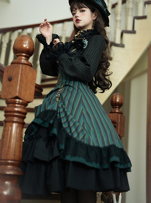 Simple Daily Retro Striped Color Contrast Elegant High Waist Gothic Lolita Skirt