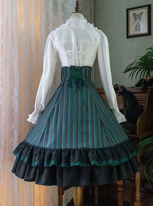 Simple Daily Retro Striped Color Contrast Elegant High Waist Gothic Lolita Skirt