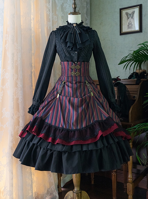 Simple Daily Retro Striped Color Contrast Elegant High Waist Gothic Lolita Skirt