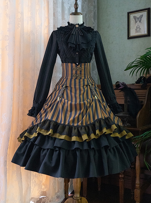 Simple Daily Retro Striped Color Contrast Elegant High Waist Gothic Lolita Skirt