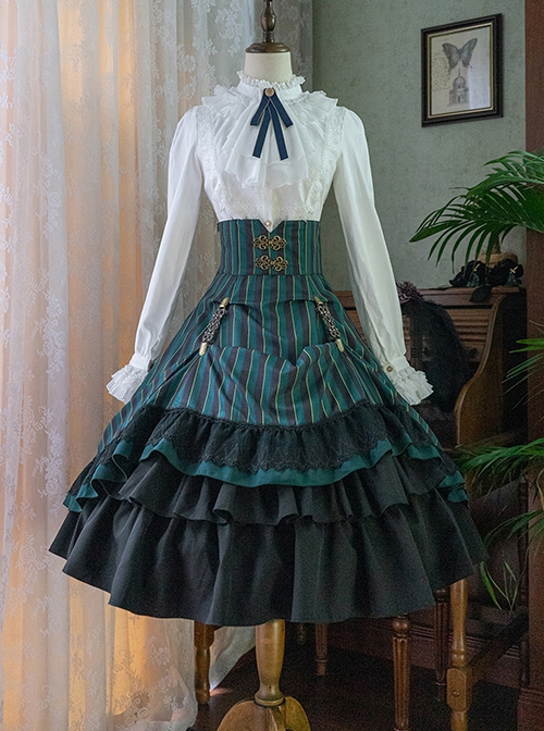 Simple Daily Retro Striped Color Contrast Elegant High Waist Gothic Lolita Skirt