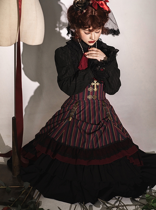 Simple Daily Retro Striped Color Contrast Elegant High Waist Gothic Lolita Skirt