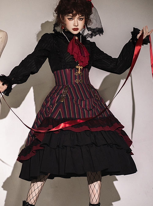 Simple Daily Retro Striped Color Contrast Elegant High Waist Gothic Lolita Skirt