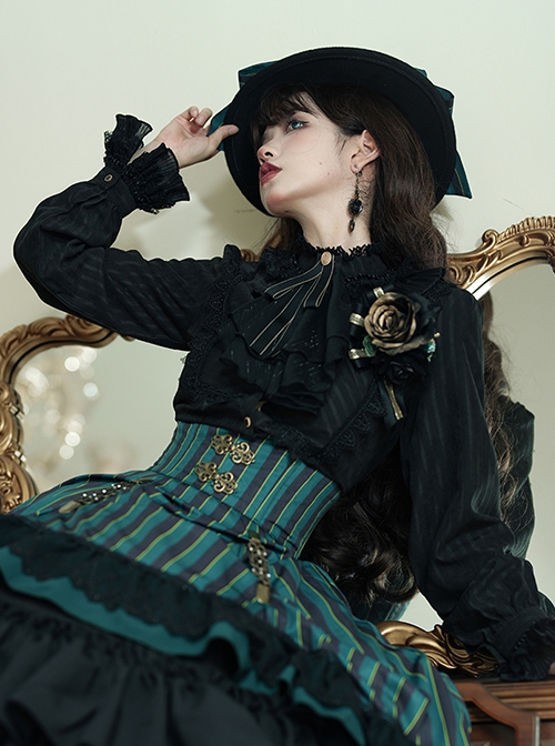 Pure Color Striped Retro Elegant Lace Stand Collar Gothic Lolita Long Sleeve Shirt