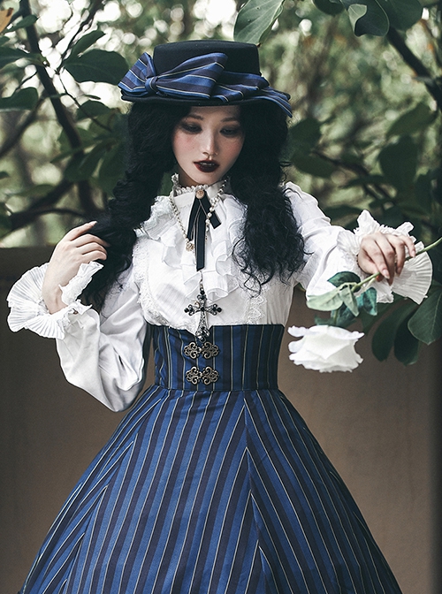 Pure Color Striped Retro Elegant Lace Stand Collar Gothic Lolita Long Sleeve Shirt