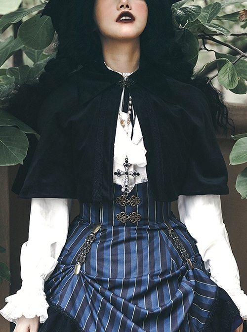 Black Autumn Elegant Warm Lapel Velvet Gothic Lolita Short Cloak