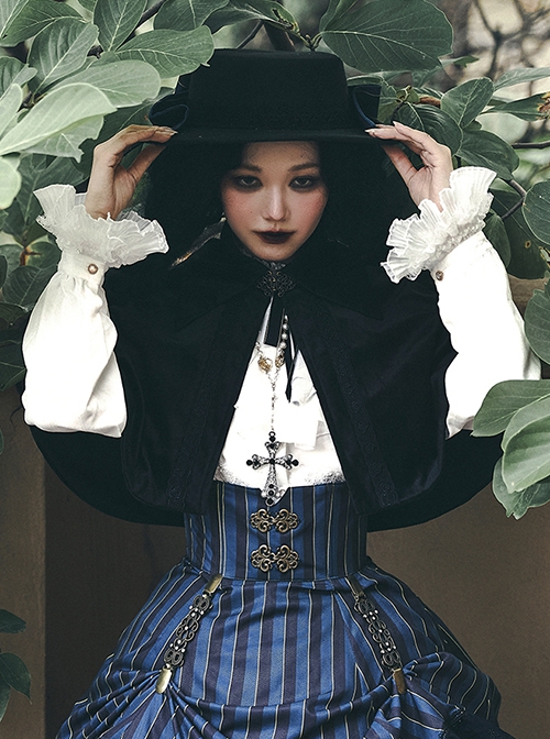 Black Autumn Elegant Warm Lapel Velvet Gothic Lolita Short Cloak