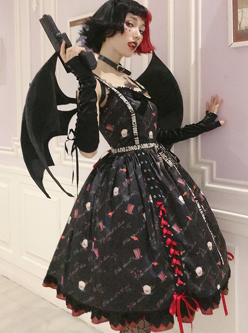 Sweet Cool Girly Halloween Clown Print Spider Web Decoration Lace Gothic Lolita Sleeveless Dress
