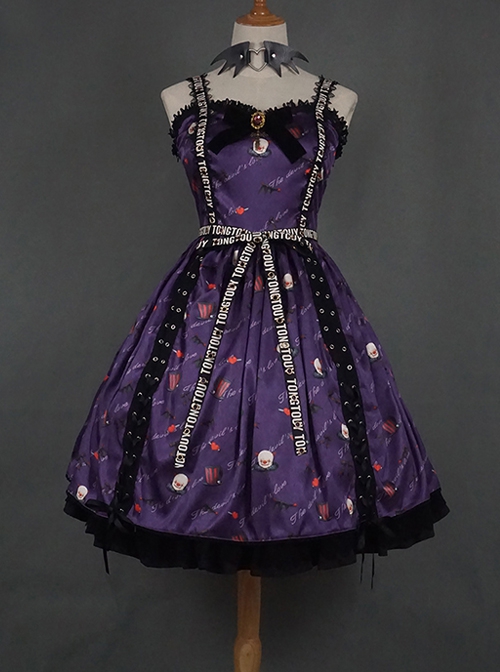 Sweet Cool Girly Halloween Clown Print Spider Web Decoration Lace Gothic Lolita Sleeveless Dress