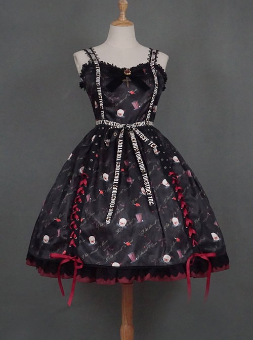 Sweet Cool Girly Halloween Clown Print Spider Web Decoration Lace Gothic Lolita Sleeveless Dress