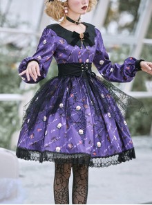 Pure Color Sweet Cool Bat Neck Spider Web Decoration Clown Print Halloween Gothic Lolita Long Sleeve Dress