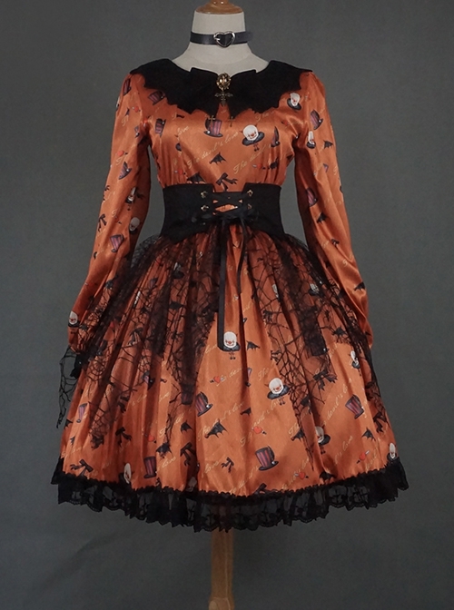Pure Color Sweet Cool Bat Neck Spider Web Decoration Clown Print Halloween Gothic Lolita Long Sleeve Dress