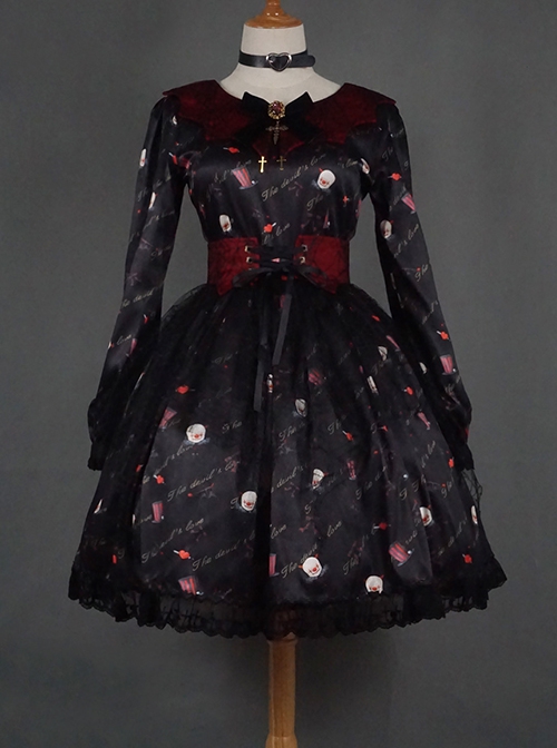 Pure Color Sweet Cool Bat Neck Spider Web Decoration Clown Print Halloween Gothic Lolita Long Sleeve Dress