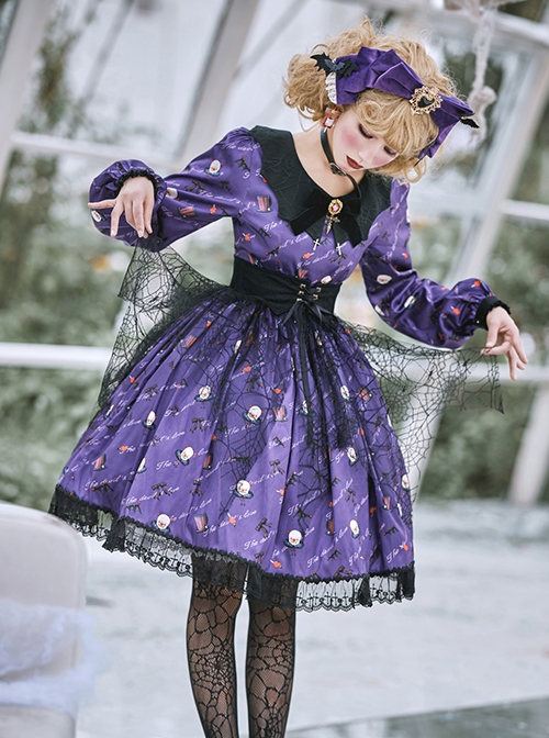 Pure Color Sweet Cool Bat Neck Spider Web Decoration Clown Print Halloween Gothic Lolita Long Sleeve Dress